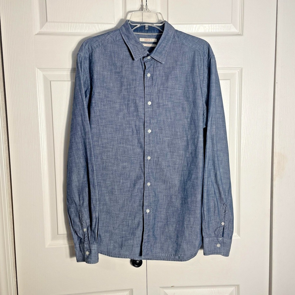 Esprit Chambray Shirt Men XL Blue Slim Fit Button‎ Up Cotton Long Sleeve Career